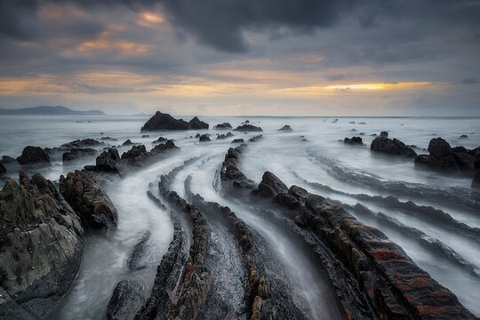Sunset on Barrika beach with the water running between the rocks on the shore of the Cantabrian Sea