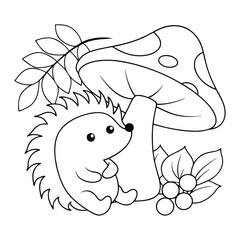 A cozy hedgehog curled up under a mushroom, surrounded by forest ferns and berries