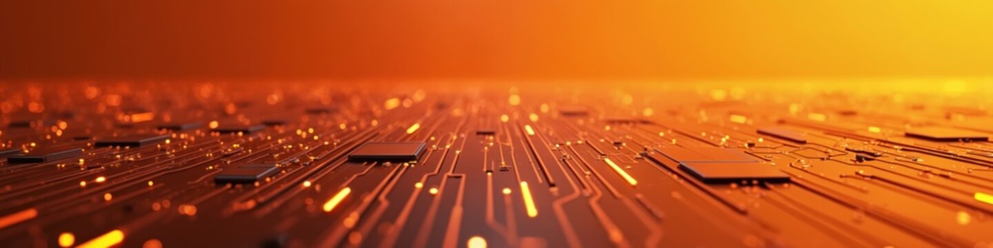 Orange tech minimalist background with abstract elements creates energetic, sleek, pro look. Perfect for hi-tech, digital, AI engineering, motherboard schemes. Tangerine color. Subtle, reflective