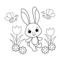A fluffy bunny hopping through a garden of tulips and daisies, with a buzzing bee nearby