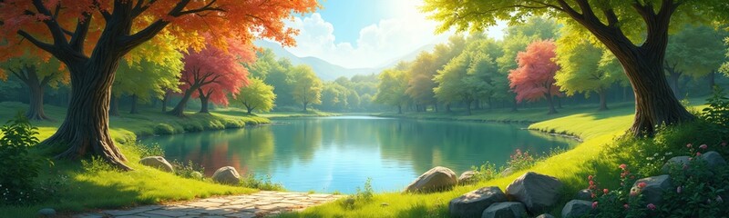Colorful summer landscape illustration lake in park surrounded by green foliage, red trees. Scenic stone path foreground. Serene nature, idyllic landscape, holiday mood, tranquil scene. Relax in