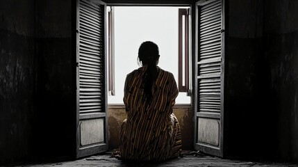 Silhouette of person sitting alone at window with open shutters. Dark moody interior scene with backlight. Dramatic solitude and contemplation view from behind at sunrise