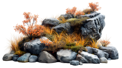 Autumnal Rocks Orange Bushes and Grasses, 3D Render for Nature Themes, isolated on transparent background.