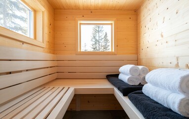 Naklejka premium A weathered wooden bench adorned with neatly stacked towels in a serene and peaceful outdoor setting