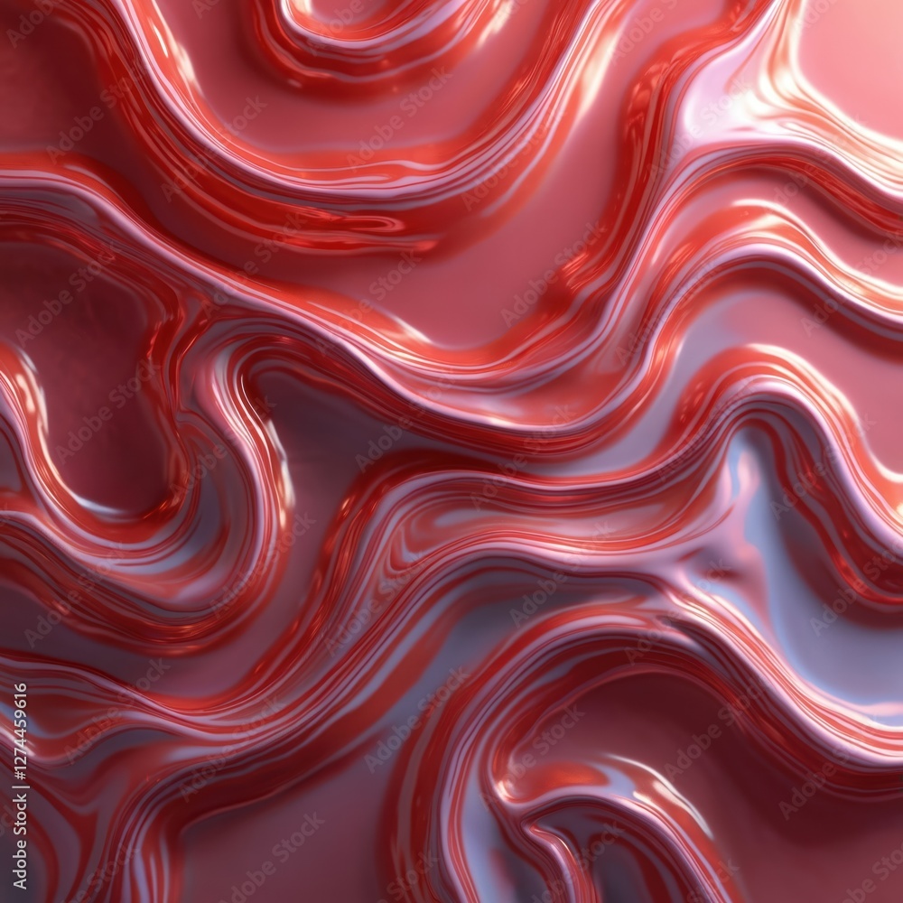 Aufkleber Seamless pattern with red iridescent wavy texture. Abstract liquid background. Marble effect with holographic metallic mirror foil prism feel. Three-dimensional soft sharpened water crystal design.