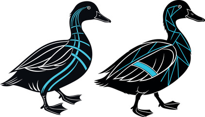A black duck with blue stripes 