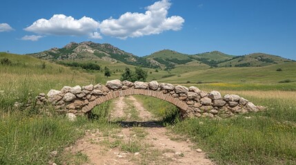 Ancient stone bridge across rural dirt path in mongolian mountains with green meadows and blue sky. Historical architecture in wild nature landscape. Summer scenic view