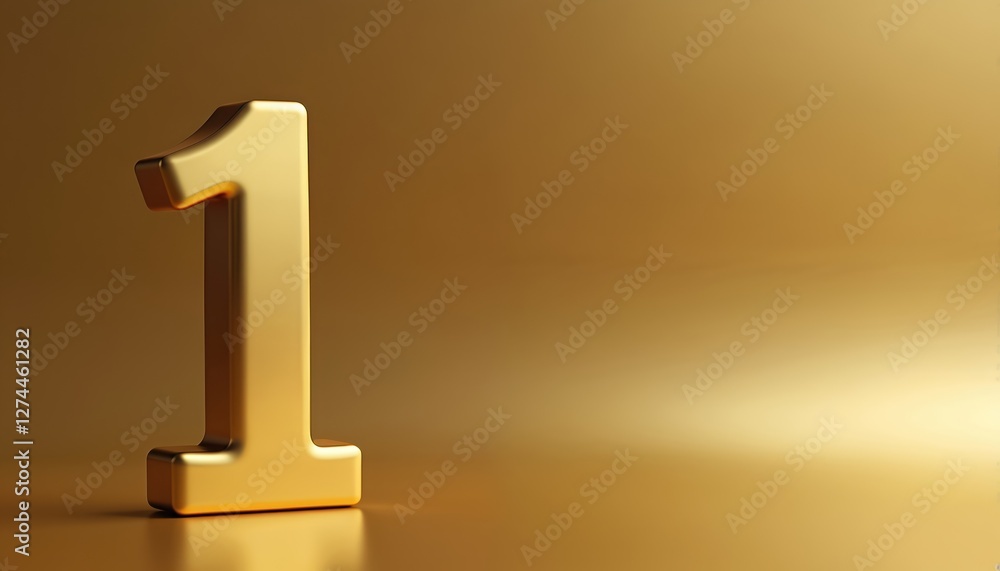 Poster golden metallic number one on gold gradient background with copy space for text. 3d render of glossy