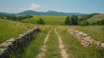 Obraz premium Ancient stone wall lined path through green meadow leading to mountains in summer landscape. Rural dirt road with ancient stone masonry walls. Scenic countryside trail