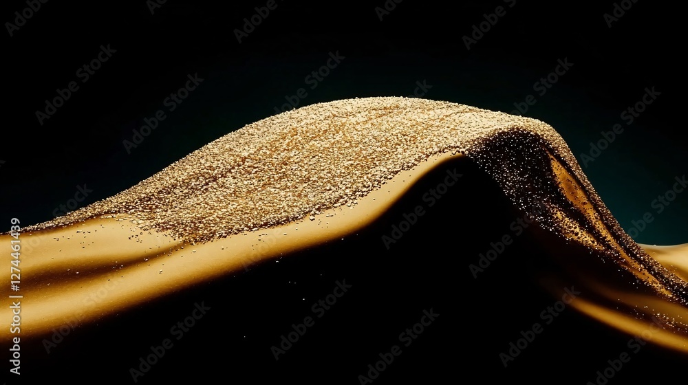 Poster abstract golden wave of sparkling sand or powder against dark background in macro view. minimalist l