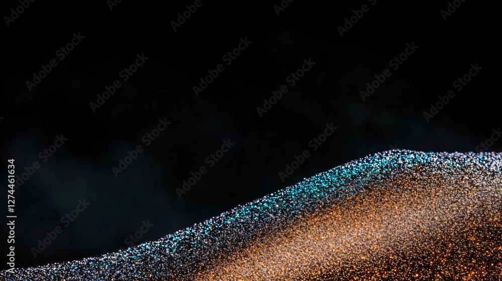 Poster abstract blue and copper glitter wave pattern on black background. decorative metallic sparkle textu