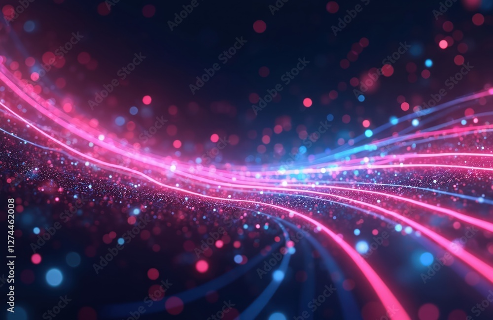 Poster abstract futuristic background with blue pink glowing neon wave lines bokeh lights. data transfer co