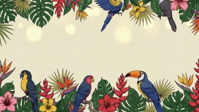 Vibrant tropical birds and flowers in an illustrated border design.