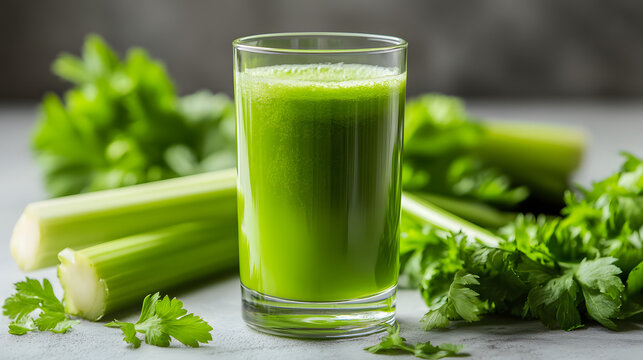 A vibrant glass of freshly squeezed celery juice placed on a light surface, surrounded by fresh celery stalks and parsley leaves
