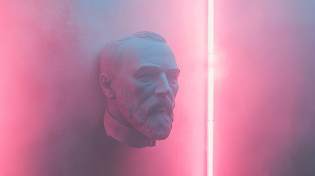 Floating male head sculpture with illuminated neon light bar against pink and blue gradient background. Modern minimalist art concept showing futuristic cyberpunk aesthetic