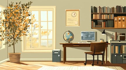 Cozy home office with autumn view, workspace, studying