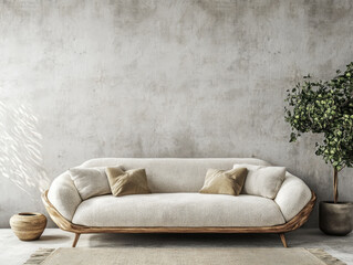 Modern beige sofa with wooden frame in minimalist living room