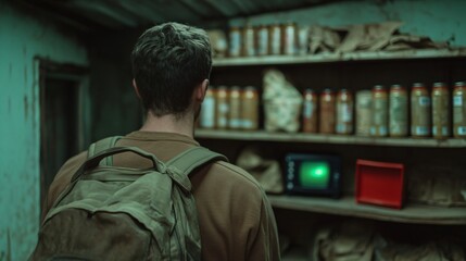 Man with backpack exploring abandoned bunker interior with old jars on shelves. Dark basement survival storage room in post apocalyptic green tones. Urban exploration concept