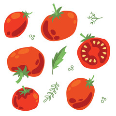 Set of ripe tomatoes. Vegetables. Red tomatoes. Juicy Harvest. Healthy food. Vector on a white background.