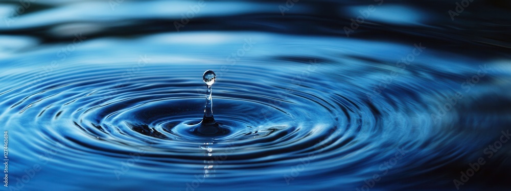 Poster sparkling water droplet creating ripples on calm blue surface with soft reflections