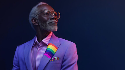  elderly Black gay man wearing a tailored lavender suit with a rainbow pocket square, posed confidently against a deep navy blue background, exuding elegance, pride, and sophistication.