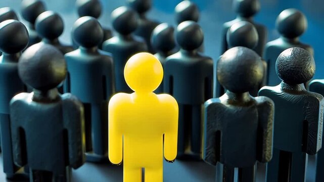 The bright yellow man stands out from the crowd of dark grey figures, symbolising individuality and the bold choice to be different from others in a conformist society.