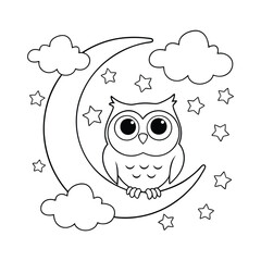 A wise owl perched on a crescent moon, with stars and clouds filling the sky