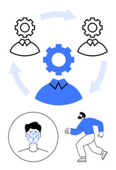 Cogs integrated with human figures, face recognition, dynamic motion emphasize collaboration, AI, identity, and process optimization. Ideal for AI, automation, biometrics identity teamwork