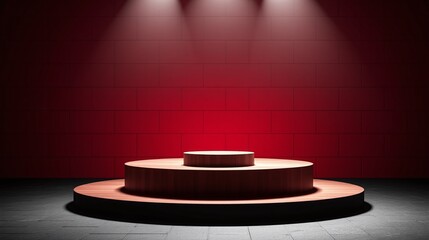 Fototapeta premium Circular wooden podium illuminated by red light.
