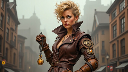 A steampunk adventurer in a leather trench coat, with a mechanical arm and a clockwork-powered grappling hook