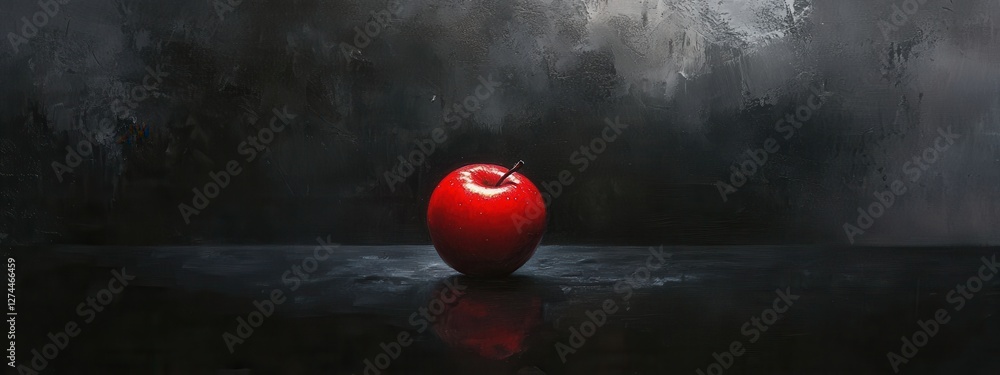 Poster fresh red apple on dark background with reflections and textured surface for artistic presentation
