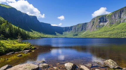 Fototapeta premium Serene Mountain Lake Nestled Among Majestic Cliffs