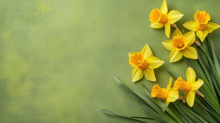 Fototapeta premium A fresh and natural floral background featuring blooming daffodils on a soft green backdrop