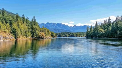 Fototapeta premium Serene Mountain Lake With Lush Evergreen Forests