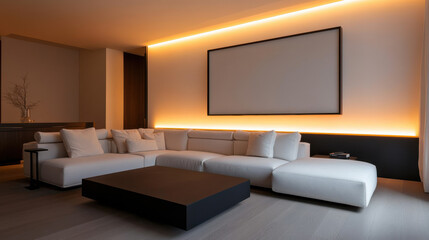 Minimalist modern living room with sleek white sofa and lighting