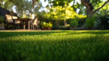 Lush, well-maintained grass in a serene backyard with a blurred background. Detailed green grass in the backyard with an inviting atmosphere.