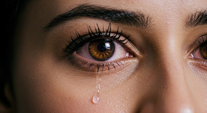 An intense and highly detailed close-up portrait of a woman with deep brown eyes filled with tears
