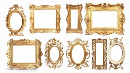 Elegant collection of ornate gold frames, each with unique details, displayed on a clean white background