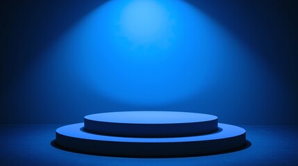 An empty blue platform illuminated by a focused light.