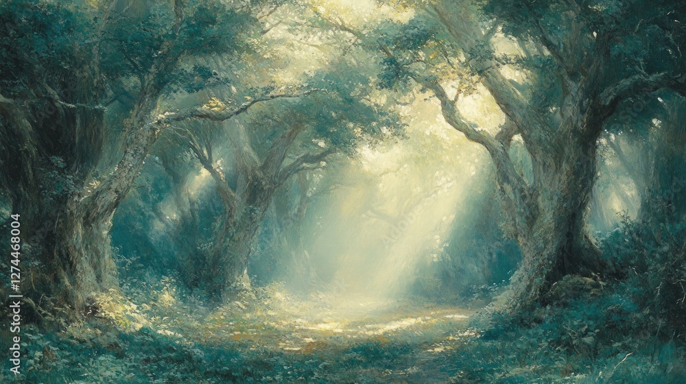 Poster sunlit path through a mystical forest scene