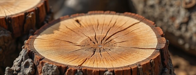 Close-up cut baobab trunk reveals wood texture, tree rings. Sliced timber shows history, age. Natural circular organic grain pattern. Sustainable material for woodworking, ecology background.
