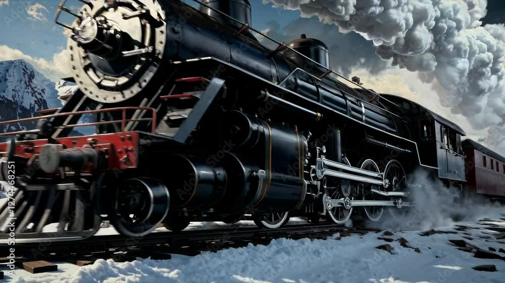 Poster dynamic video concept of a steam train in motion, captured from a low-angle, emphasizing speed and p