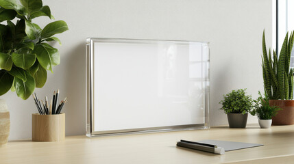 Modern acrylic picture frame with blank canvas on desk