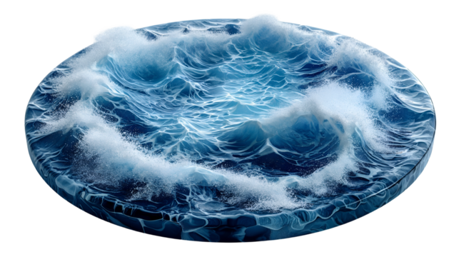 Blue Ocean Waves Abstract 3D Design, Modern Background with Foam and White Water, isolated on transparent background.