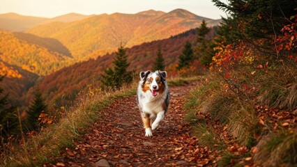 Obraz premium A playful dog runs along a scenic autumn trail in the mountains.