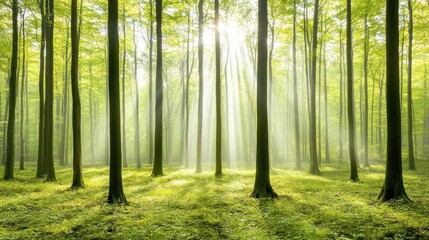 Fototapeta premium Sunbeams Illuminate a Misty Spring Forest Scene