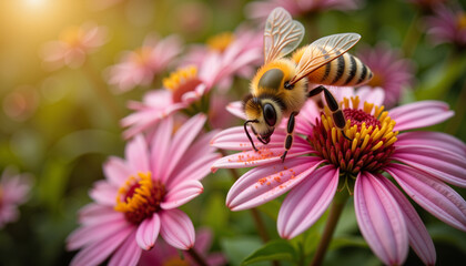 Bee collecting pollen from vibrant flowers in soft morning light, nature's beauty