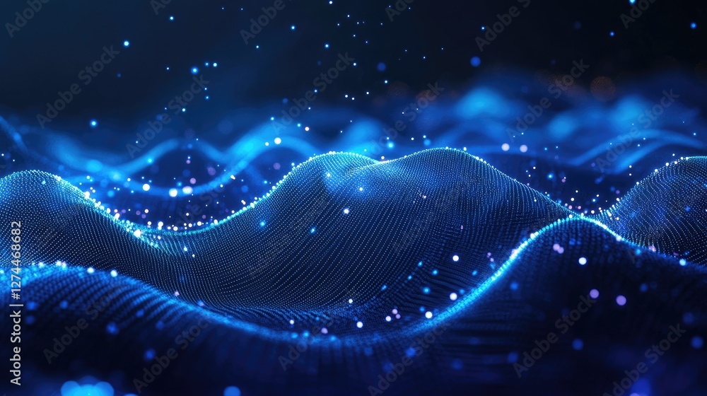 Poster abstract digital wave with glowing blue dots creating a futuristic landscape. ideal for technology, 