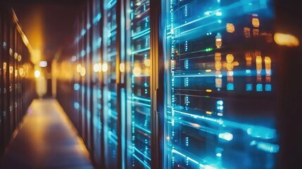 Fototapeta premium Modern data center with illuminated server racks and glowing lights, creating a high-tech atmosphere. Ideal for cybersecurity, cloud computing, and IT infrastructure concepts