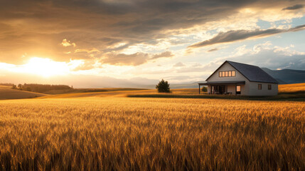 Modern farmhouse in golden wheat field at sunset